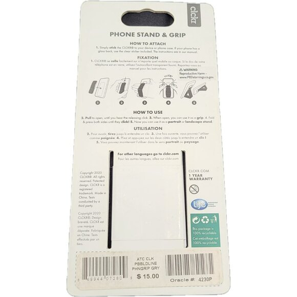 Clckr Grey Cell Phone Stand & Grip With Portrait & Landscape Viewing Universal - Picture 2 of 6